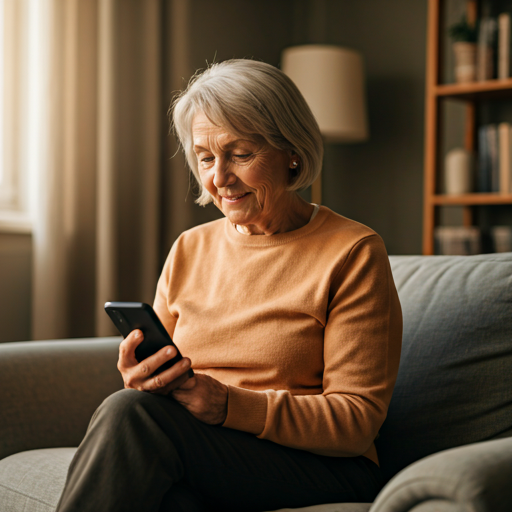 Older woman sitting comfortably at home and smiling while using a smartphone